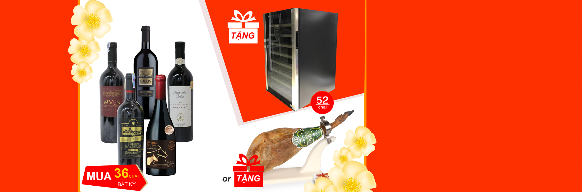 Combo 03: Mua 36 chai vang bất kỳ Tặng tủ 52 chai hoặc đùi heo Iberico 24 tháng