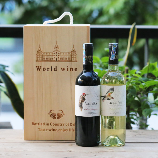 Hộp gỗ đôi + Vang Chile Aves trắng - đỏ