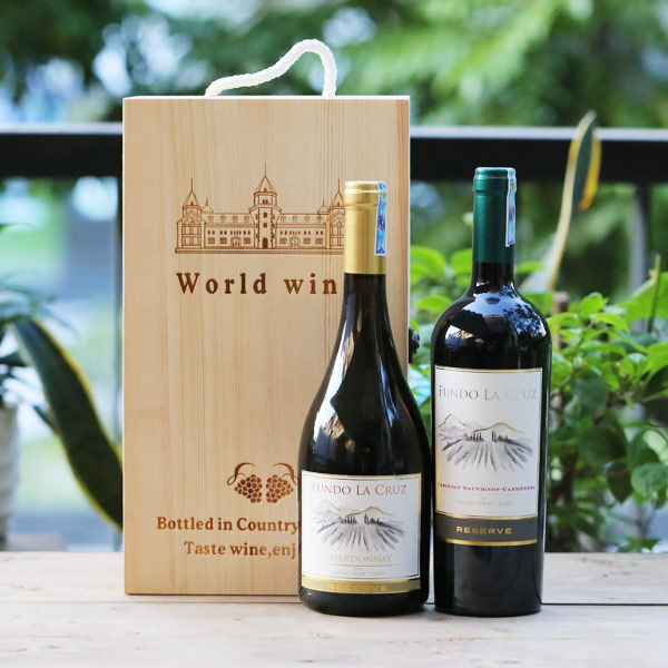 Hộp gỗ đôi + Vang Chile Fundo trắng - đỏ