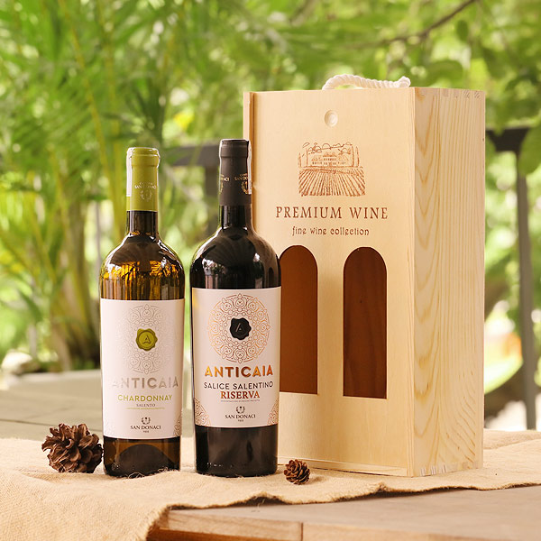 Set 2 chai rượu vang Ý Anticaia kèm hộp gỗ đôi